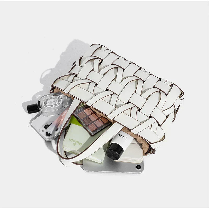 Women's Handmade Woven Leather Tote Bag | Cream Interlace Strip Casual Everyday Shoulder Bag | Smart Casual Going Out Everyday Bag