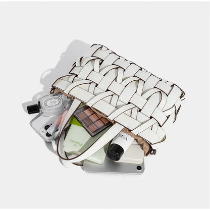 Women's Handmade Woven Leather Tote Bag | Cream Interlace Strip Casual Everyday Shoulder Bag | Smart Casual Going Out Everyday Bag