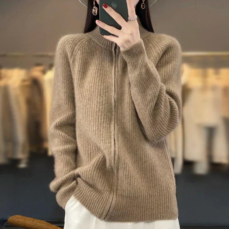 Uld Cardigan Dame – Zip Strikcardigan med Lommer