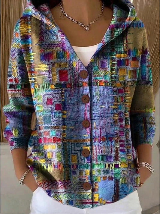 Women's Abstract Print Hooded Button Cardigan | Colourful Patterned Casual Warm Everyday Hooded Jacket | Casual Everyday Autumn Winter Outerwear