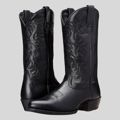 Herren-Western-Cowboy-Stiefel aus Leder mit Stickerei | Klassische schwarze lässige Westernstiefel mit spitzer Zehenpartie | Lässige Streetwear-Stiefel für den Alltag
