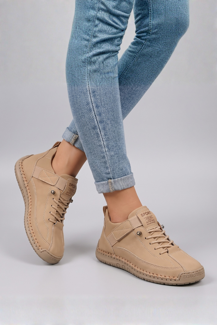 Damen-Sportturnschuhe aus Leder mit Schnürsenkeln | Bequeme lässige Alltagsschuhe zum Gehen | Lässig-elegante Alltagsschuhe zum Gehen