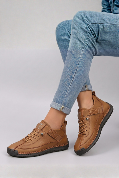 Damen-Sportturnschuhe aus Leder mit Schnürsenkeln | Bequeme lässige Alltagsschuhe zum Gehen | Lässig-elegante Alltagsschuhe zum Gehen