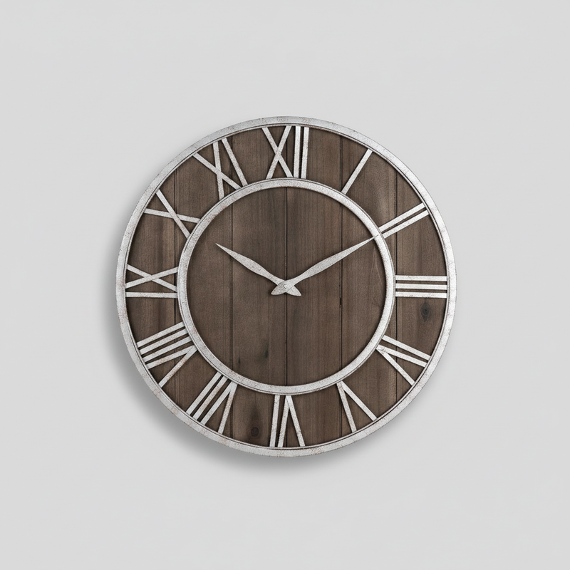 Wood and Metal Round Wall Clock | Large Wall Clock Decor 40cm