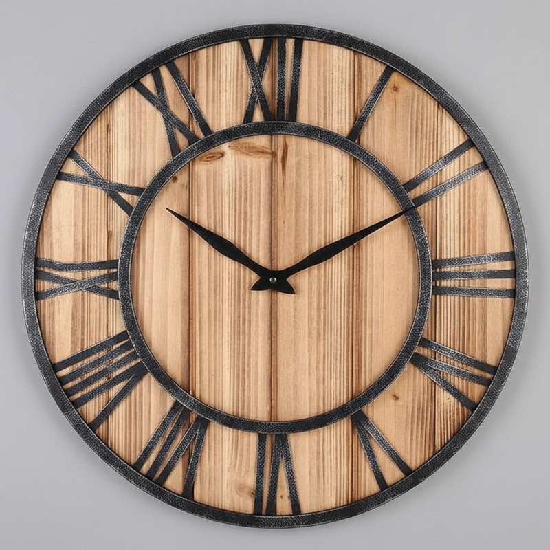 Wood and Metal Round Wall Clock | Large Wall Clock Decor 40cm