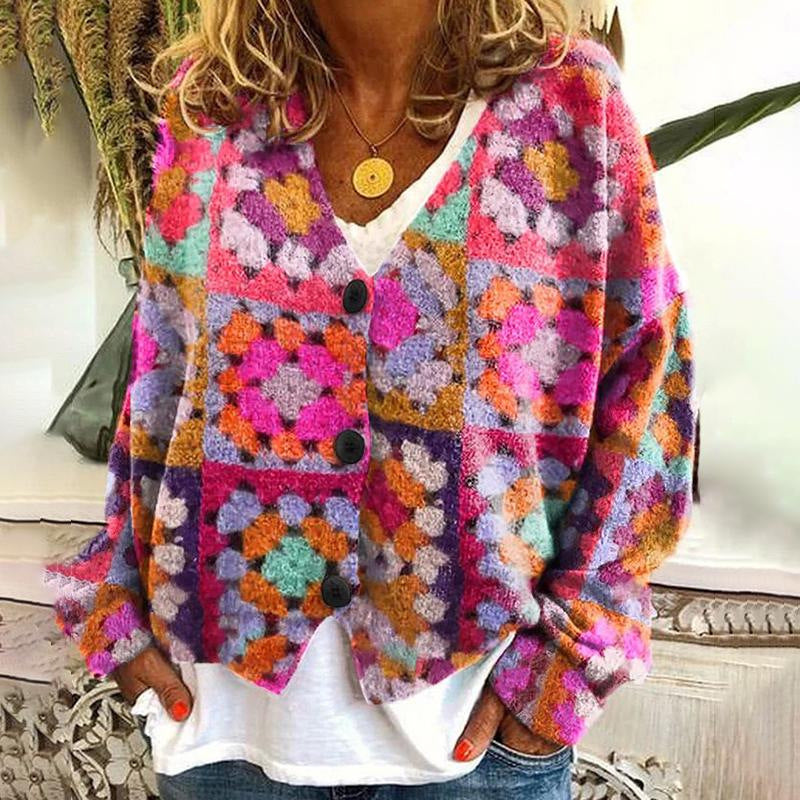 Women's Patterned Cardigan – Pink Knit Cardigan with Unique Print