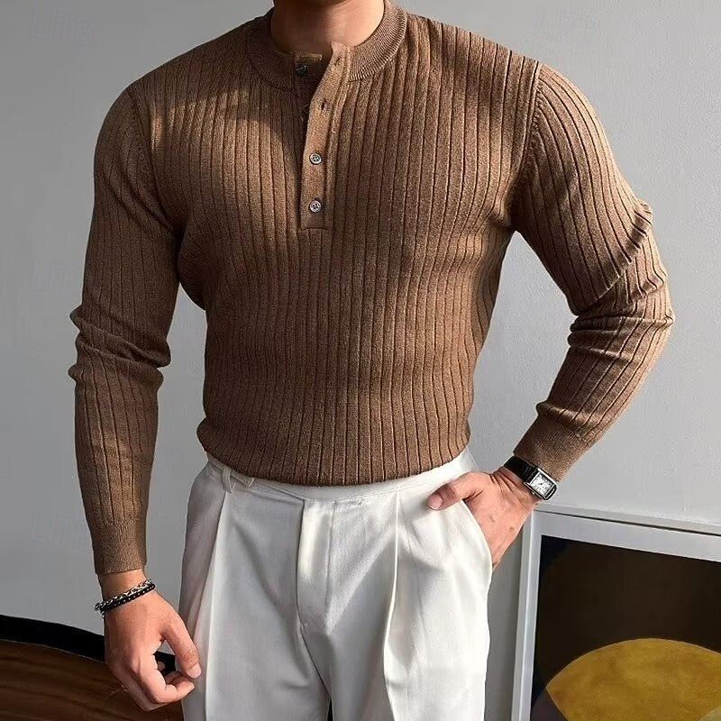 Men's Ribbed Henley Knit Sweater | Casual Everyday Cosy Comfortable Pullover | Smart Casual Everyday Autumn Winter Knitwear
