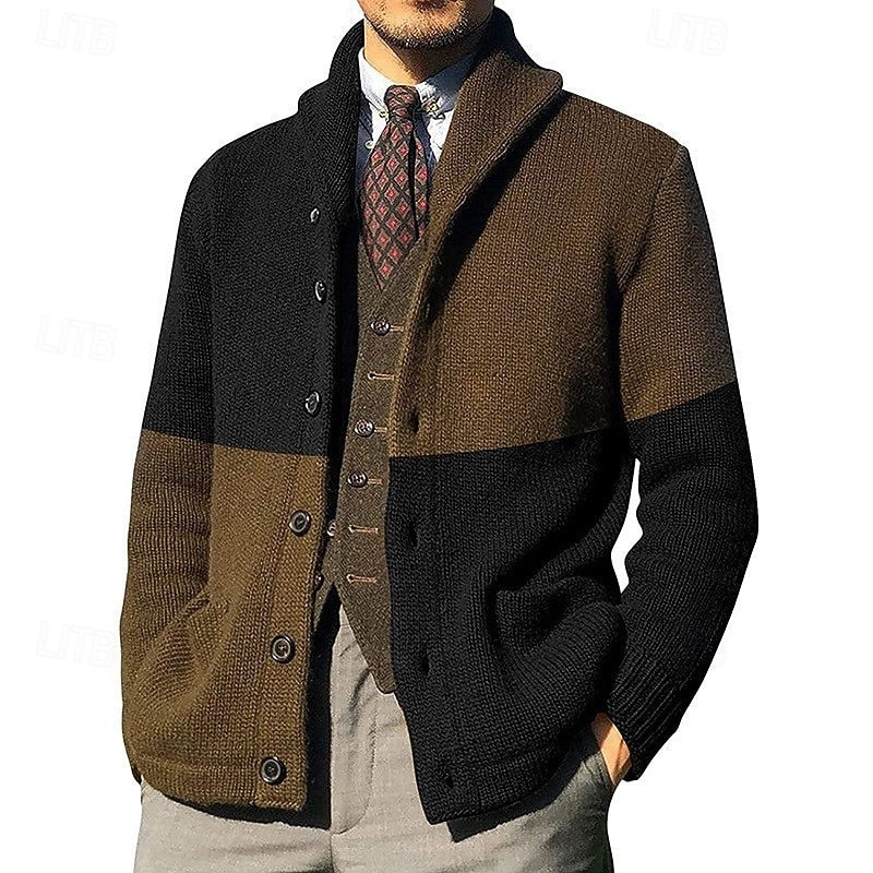 Men's Colour-Block Shawl-Collar Knit Cardigan | Classic Contrast Cosy Casual Everyday Cardigan | Smart Casual Everyday Autumn Winter Knitwear
