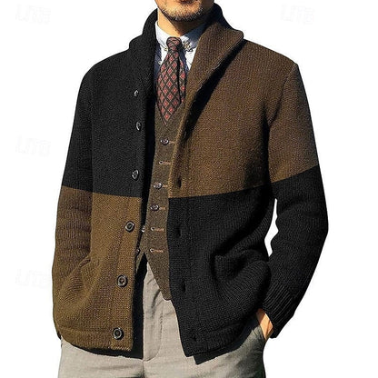Men's Colour-Block Shawl-Collar Knit Cardigan | Classic Contrast Cosy Casual Everyday Cardigan | Smart Casual Everyday Autumn Winter Knitwear
