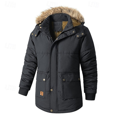 Men's Insulated Fur-Trim Hooded Parka | Warm Heavy Padded Casual Winter Parka Coat | Everyday Outdoor Casual Autumn Winter Outerwear