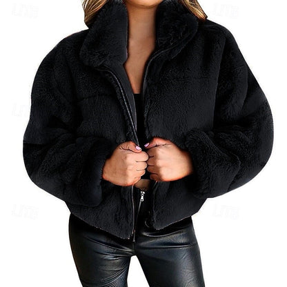 Women's Plush Cropped Zip-Up Teddy Jacket | Fluffy Warm Pink Casual Winter Jacket | Smart Casual Streetwear Everyday Outerwear