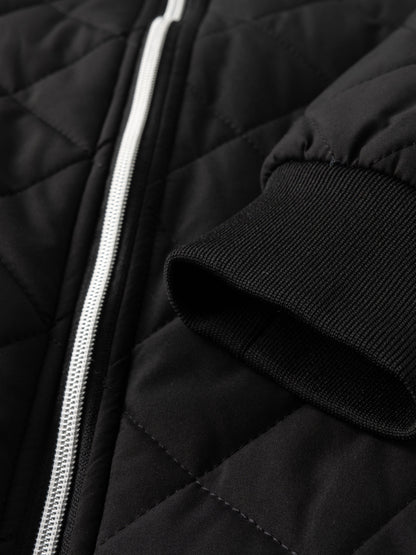 Men's Quilted Fleece-Lined Bomber Jacket | Warm Diamond-Stitch Black Casual Everyday Bomber | Smart Casual Everyday Autumn Winter Outerwear
