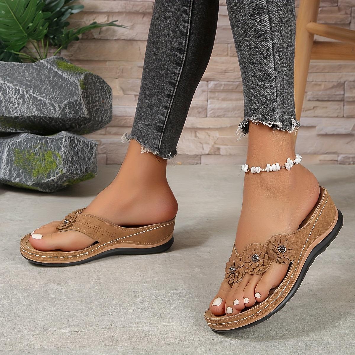 Damen Blumen-Wedgesandalen | Orthopädische Plateau-Sandalen mit Riemchen | Bequeme Elegante Sommerschuhe