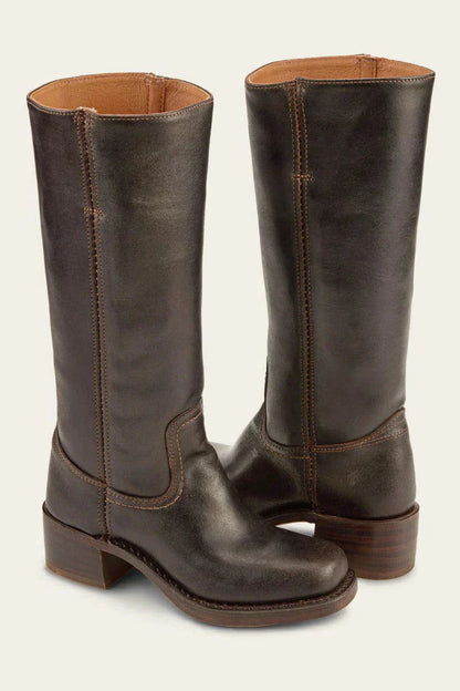 Women's Tall Pull-On Leather Riding Boots | Classic Dark Brown Block Heel Casual Smart Boots | Smart Casual Everyday Autumn Winter Boots