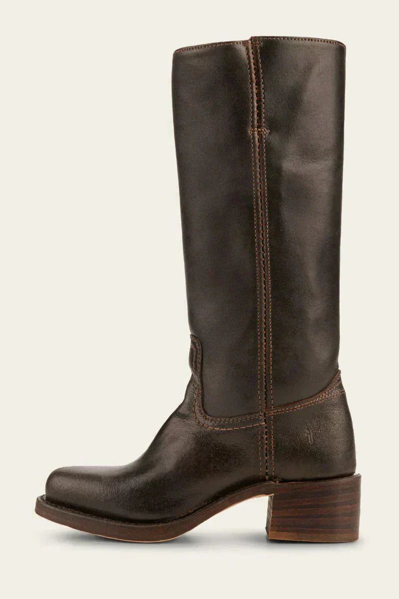 Women's Tall Pull-On Leather Riding Boots | Classic Dark Brown Block Heel Casual Smart Boots | Smart Casual Everyday Autumn Winter Boots