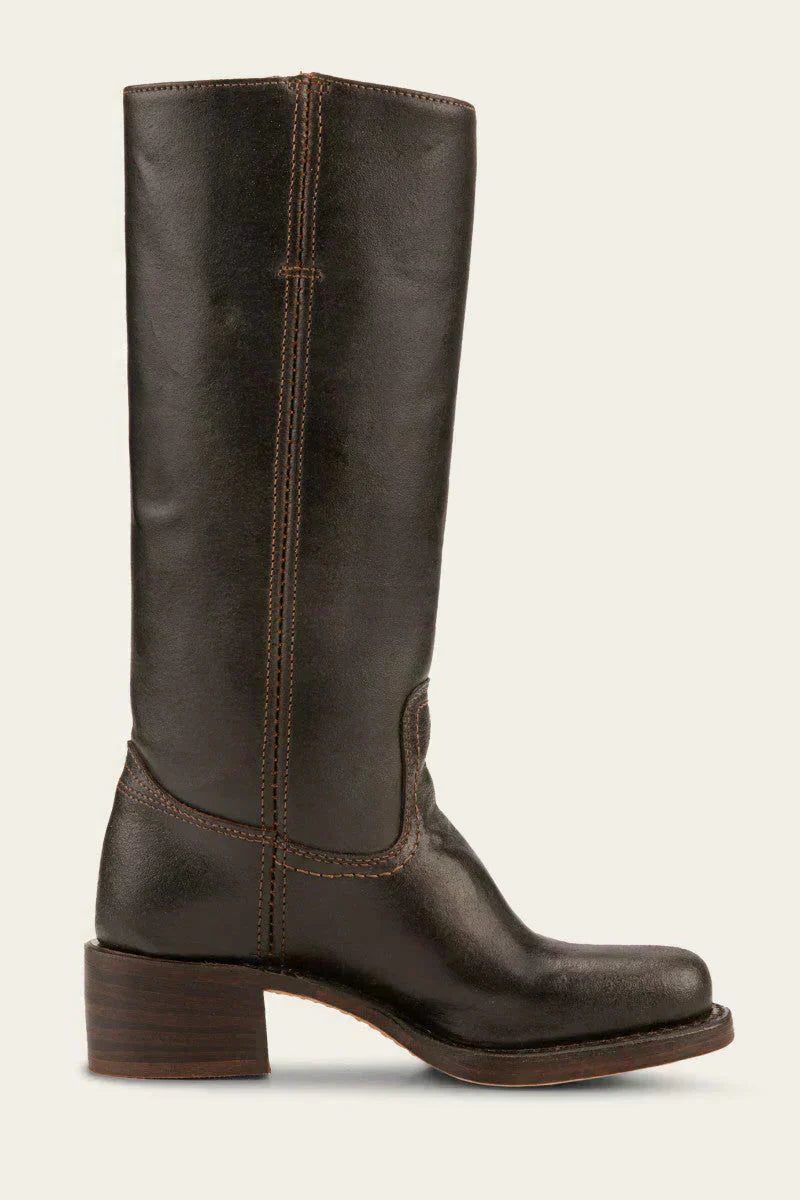 Women's Tall Pull-On Leather Riding Boots | Classic Dark Brown Block Heel Casual Smart Boots | Smart Casual Everyday Autumn Winter Boots