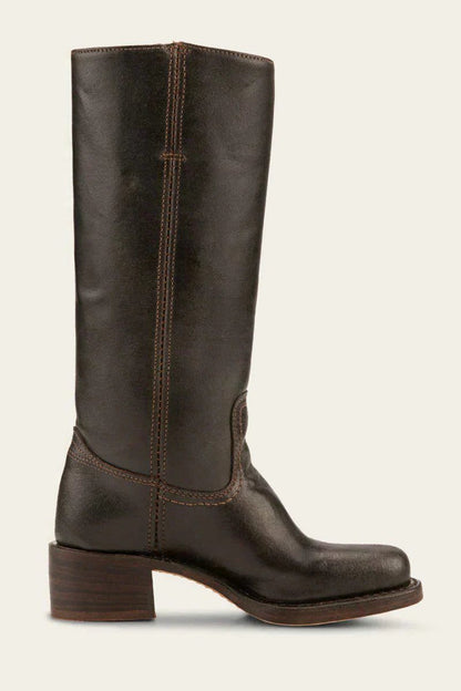 Women's Tall Pull-On Leather Riding Boots | Classic Dark Brown Block Heel Casual Smart Boots | Smart Casual Everyday Autumn Winter Boots