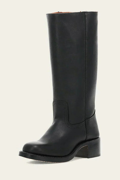 Women's Tall Pull-On Leather Riding Boots | Classic Dark Brown Block Heel Casual Smart Boots | Smart Casual Everyday Autumn Winter Boots