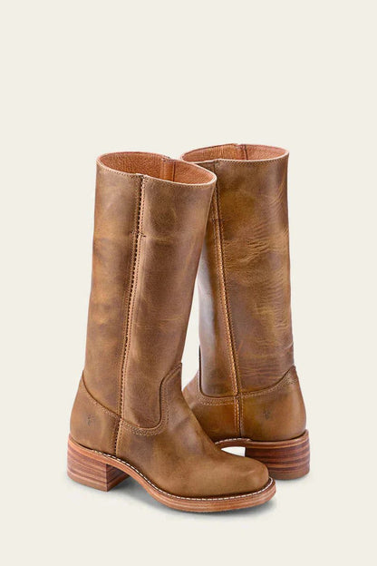 Women's Tall Pull-On Leather Riding Boots | Classic Dark Brown Block Heel Casual Smart Boots | Smart Casual Everyday Autumn Winter Boots