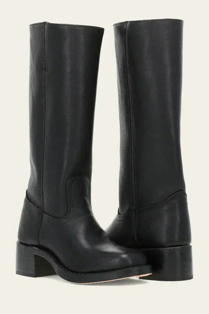 Women's Tall Pull-On Leather Riding Boots | Classic Dark Brown Block Heel Casual Smart Boots | Smart Casual Everyday Autumn Winter Boots