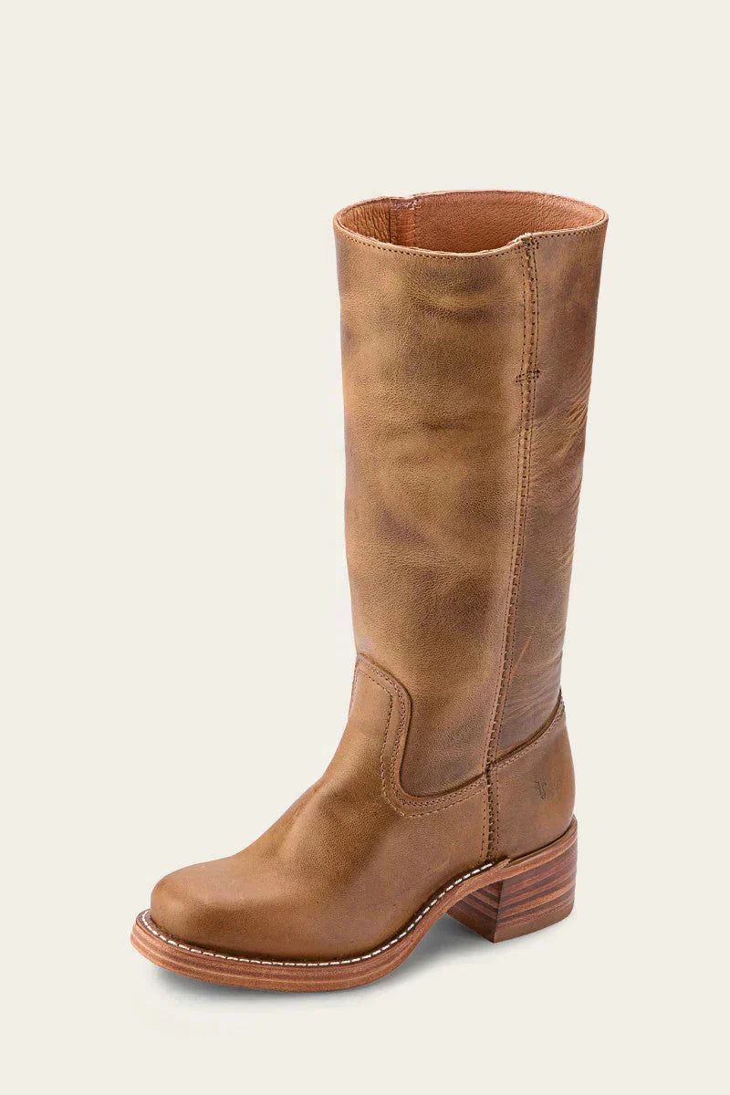Women's Tall Pull-On Leather Riding Boots | Classic Dark Brown Block Heel Casual Smart Boots | Smart Casual Everyday Autumn Winter Boots