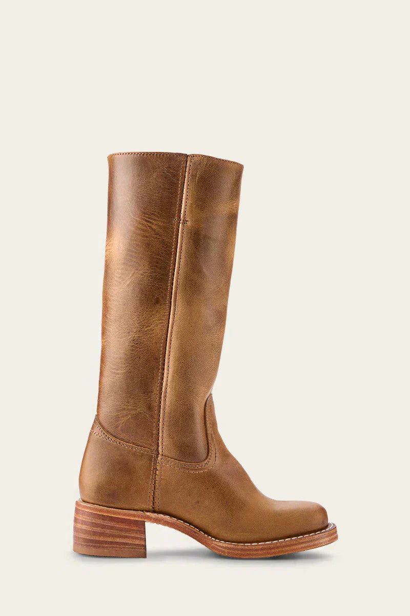 Women's Tall Pull-On Leather Riding Boots | Classic Dark Brown Block Heel Casual Smart Boots | Smart Casual Everyday Autumn Winter Boots