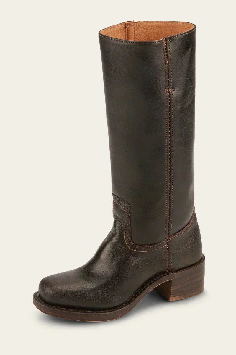 Women's Tall Pull-On Leather Riding Boots | Classic Dark Brown Block Heel Casual Smart Boots | Smart Casual Everyday Autumn Winter Boots