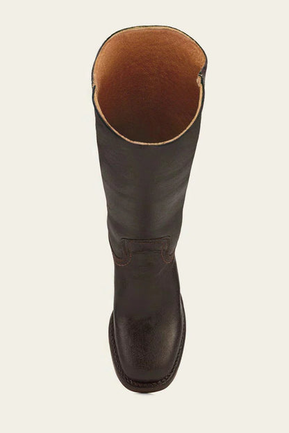 Women's Tall Pull-On Leather Riding Boots | Classic Dark Brown Block Heel Casual Smart Boots | Smart Casual Everyday Autumn Winter Boots