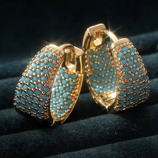 Women's Gold Turquoise Pave Hoop Earrings | Bold Beaded Gold Casual Everyday Statement Earrings | Going Out Jewellery Accessory