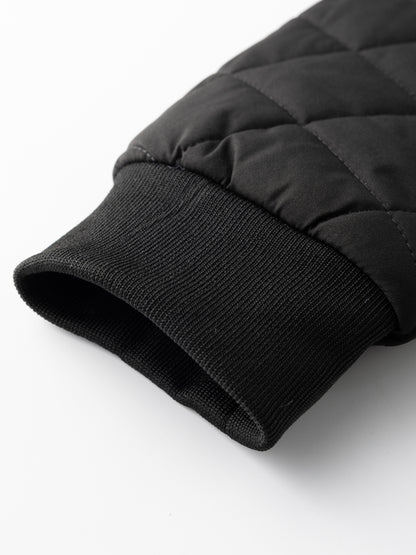 Men's Quilted Fleece-Lined Bomber Jacket | Warm Diamond-Stitch Black Casual Everyday Bomber | Smart Casual Everyday Autumn Winter Outerwear