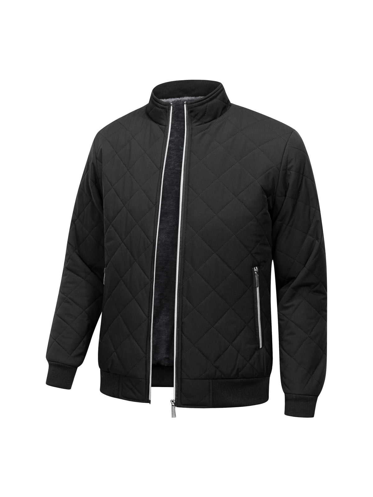 Men's Quilted Fleece-Lined Bomber Jacket | Warm Diamond-Stitch Black Casual Everyday Bomber | Smart Casual Everyday Autumn Winter Outerwear