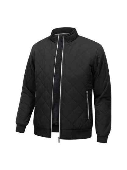Men's Quilted Fleece-Lined Bomber Jacket | Warm Diamond-Stitch Black Casual Everyday Bomber | Smart Casual Everyday Autumn Winter Outerwear