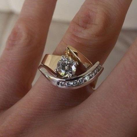 Women's Asymmetric Mixed Gold Silver Diamond Ring | Two-Tone Geometric Elegant Casual Ring | Going Out Jewellery Accessory