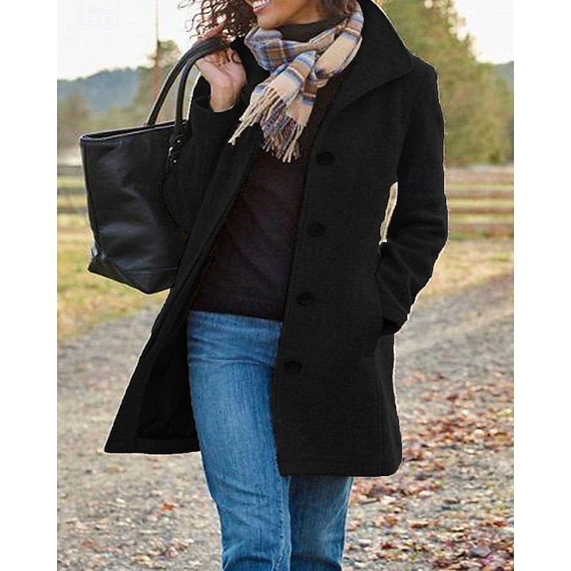 Women's Single-Breasted Wool-Feel Button Coat | Purple Casual Smart Classic Winter Coat | Smart Casual Everyday Autumn Winter Outerwear