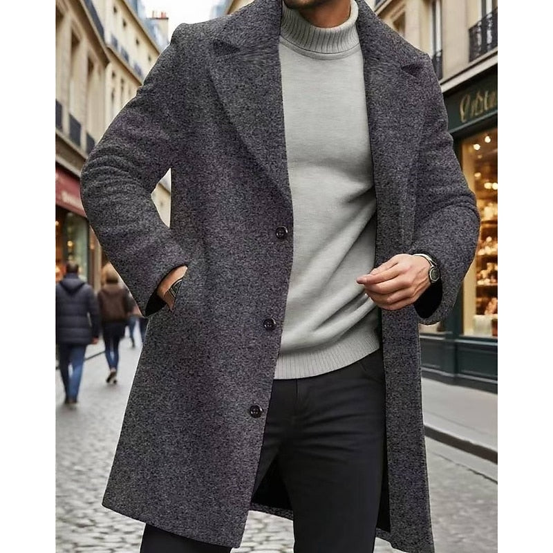Men's Single-Breasted Notch Lapel Longline Overcoat | Charcoal Classic Tailored Smart Winter Coat | Smart Formal Office Autumn Winter Outerwear
