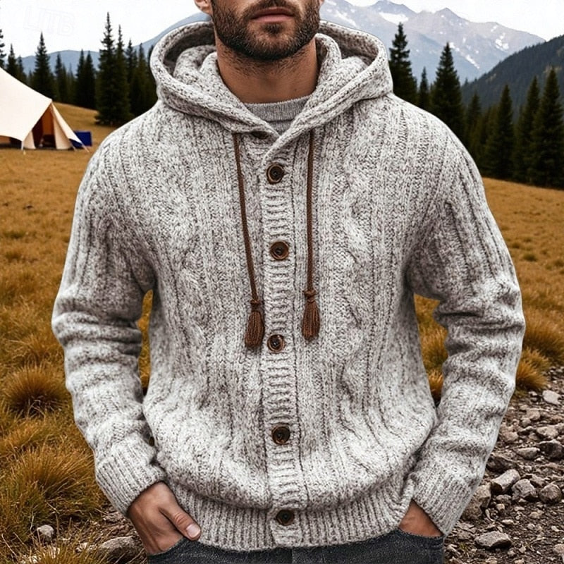 Men's Cable-Knit Hooded Button Cardigan | Classic Cosy Casual Everyday Hooded Cardigan | Smart Casual Everyday Autumn Winter Knitwear