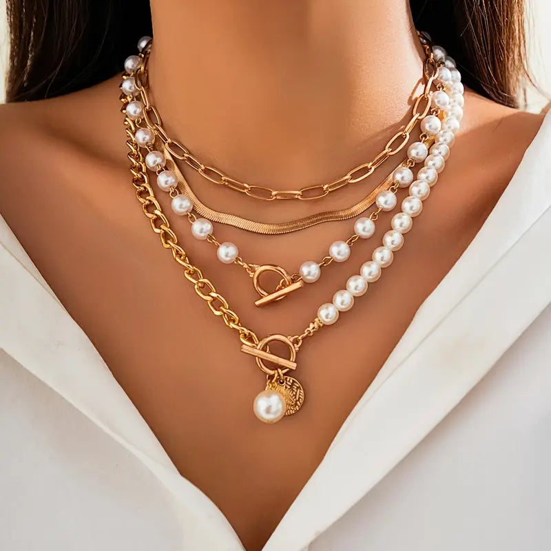 Women's Gold Pearl Snake Chain Layered Necklace Set | 4-Piece Toggle Coin Pendant Chain Set | Casual Going Out Everyday Jewellery