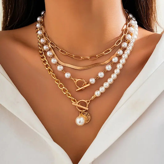 Women's Gold Pearl Snake Chain Layered Necklace Set | 4-Piece Toggle Coin Pendant Chain Set | Casual Going Out Everyday Jewellery