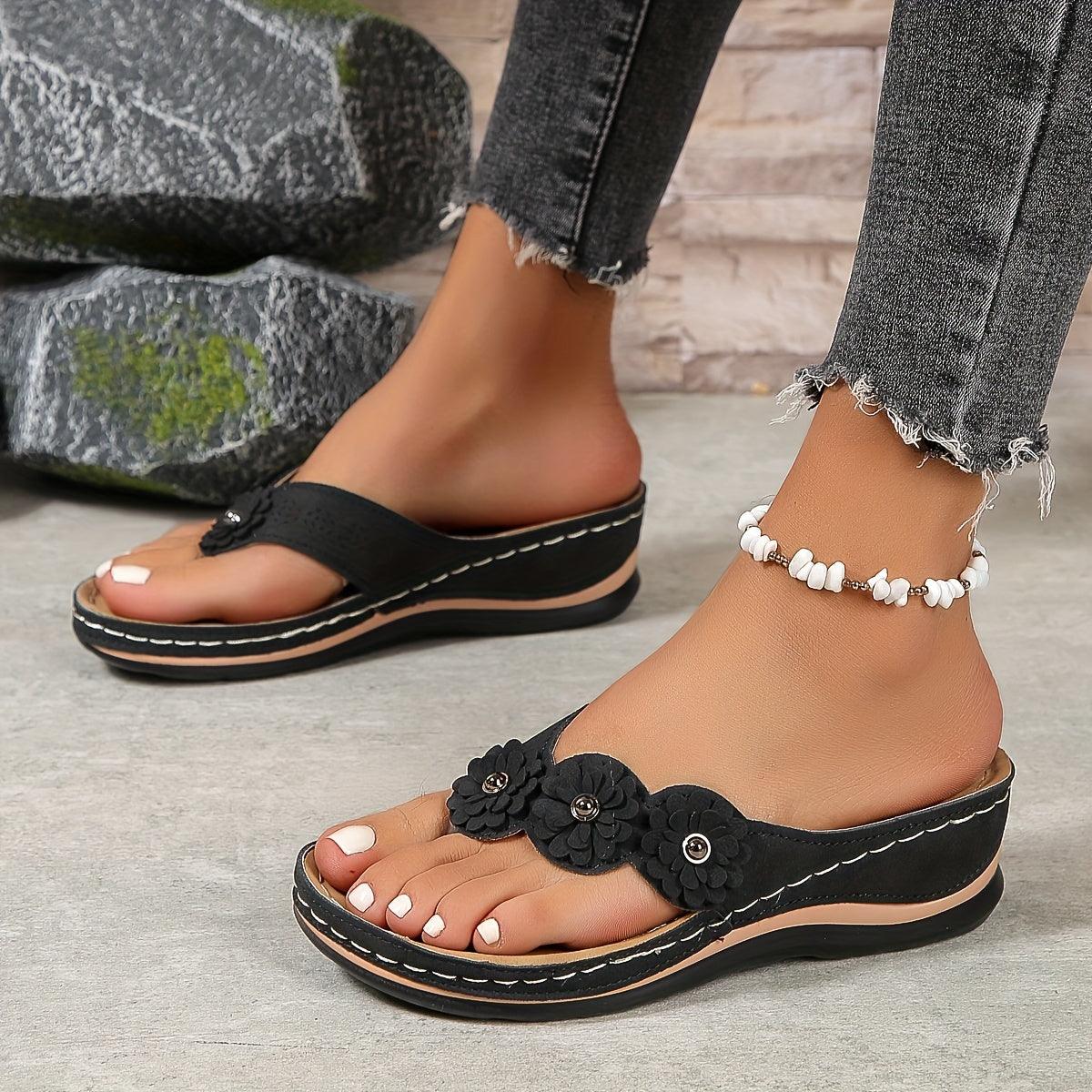 Damen Blumen-Wedgesandalen | Orthopädische Plateau-Sandalen mit Riemchen | Bequeme Elegante Sommerschuhe