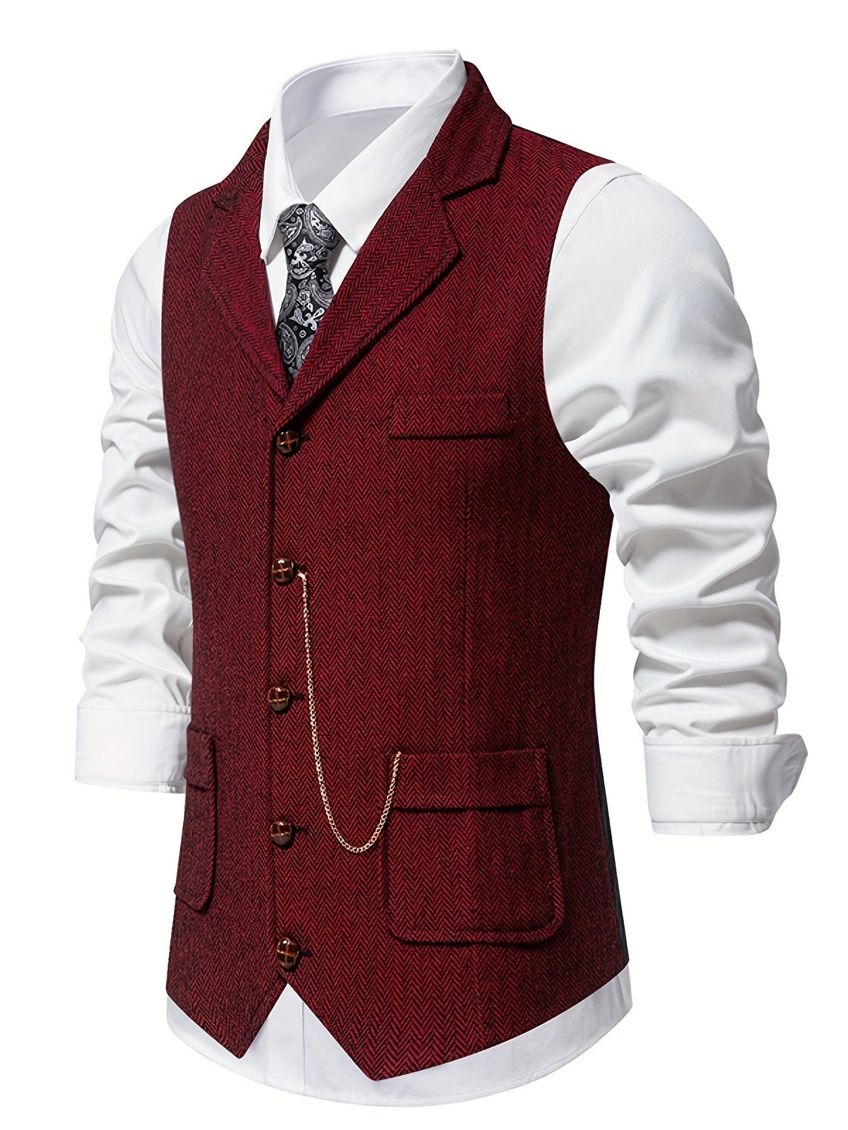 Men's Herringbone Single-Breasted Waistcoat | Classic Tailored Formal Casual Vest | Smart Formal Business Casual Office Waistcoat