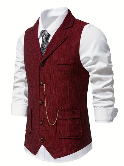 Men's Herringbone Single-Breasted Waistcoat | Classic Tailored Formal Casual Vest | Smart Formal Business Casual Office Waistcoat
