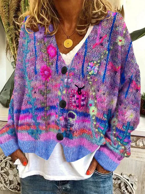 Retro Cardigan Dame – Mønstret Strikcardigan med Print