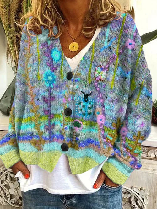 Retro Cardigan Dame – Mønstret Strikcardigan med Print