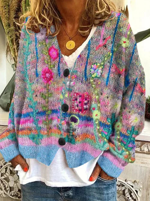 Women's Retro Cardigan – Patterned Knit Cardigan with Print