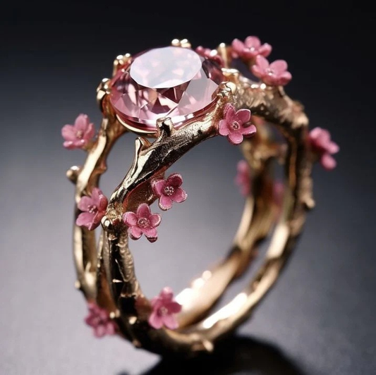 Women's Cherry Blossom Crystal Ring | Rose Gold Pink Flower Statement Casual Everyday Ring | Going Out Jewellery Accessory
