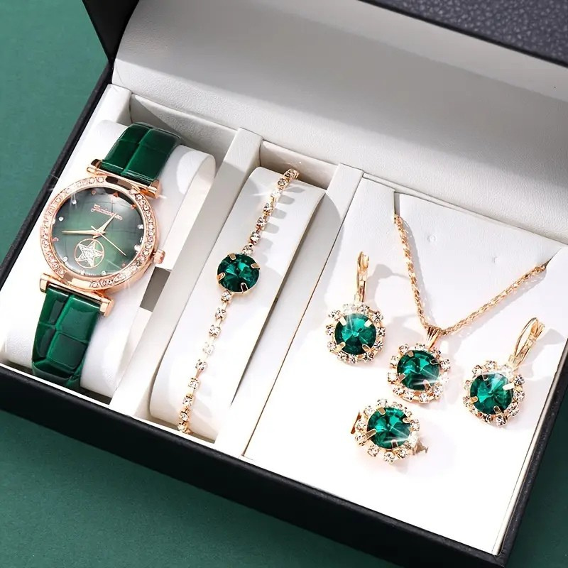 Damen-Geschenkset mit grünem Kristallschmuck | Set aus Uhr, Armband, Ohrringen und Halskette mit Smaragd-Kristallen | Elegantes Schmuckset zum Ausgehen