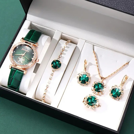 Women's Green Crystal Jewellery Gift Set | Watch Bracelet Earrings Necklace Emerald Crystal Set | Elegant Going Out Jewellery Set