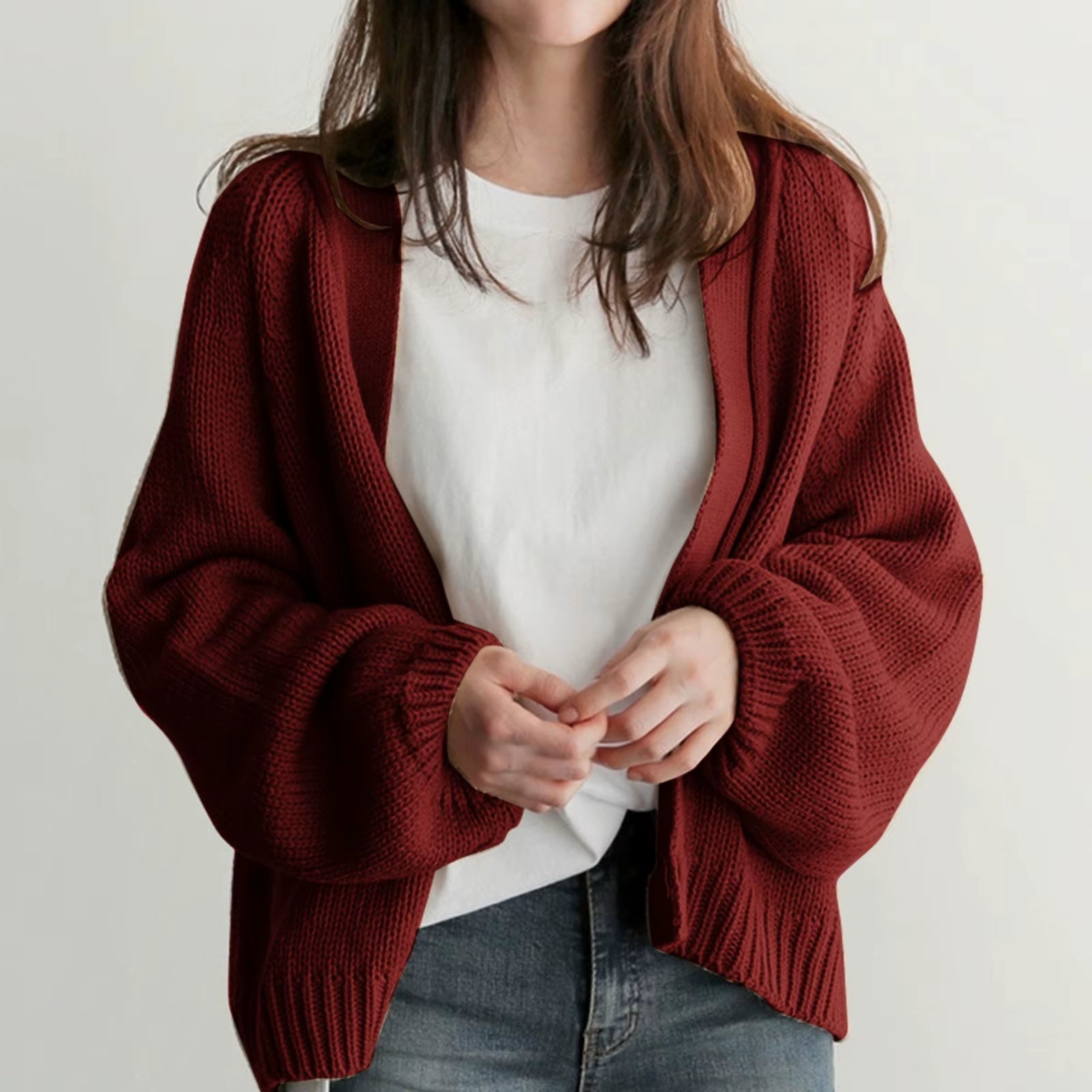 Strik Cardigan Dame – Beige Lounge Cardigan med Oversized Ærmer