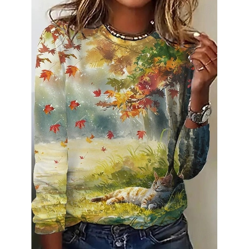 Women's Botanical Print Long-Sleeve Top | Floral Nature Print Casual Everyday Blouses for Women | Smart Casual Going Out Everyday Top