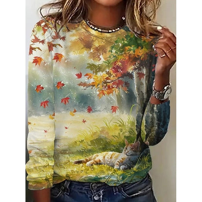 Women's Botanical Print Long-Sleeve Top | Floral Nature Print Casual Everyday Blouses for Women | Smart Casual Going Out Everyday Top
